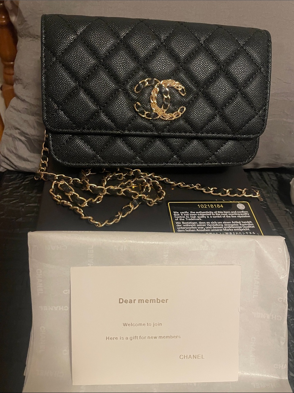 GWP/VIP Black Quilted Caviar Leather Crossbody with Gold Hardware